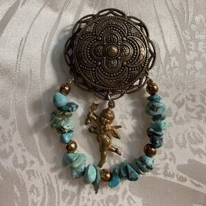 Vintage 80’s Brass Filigree Button Cover Turquoise Nuggets Cherub Charm